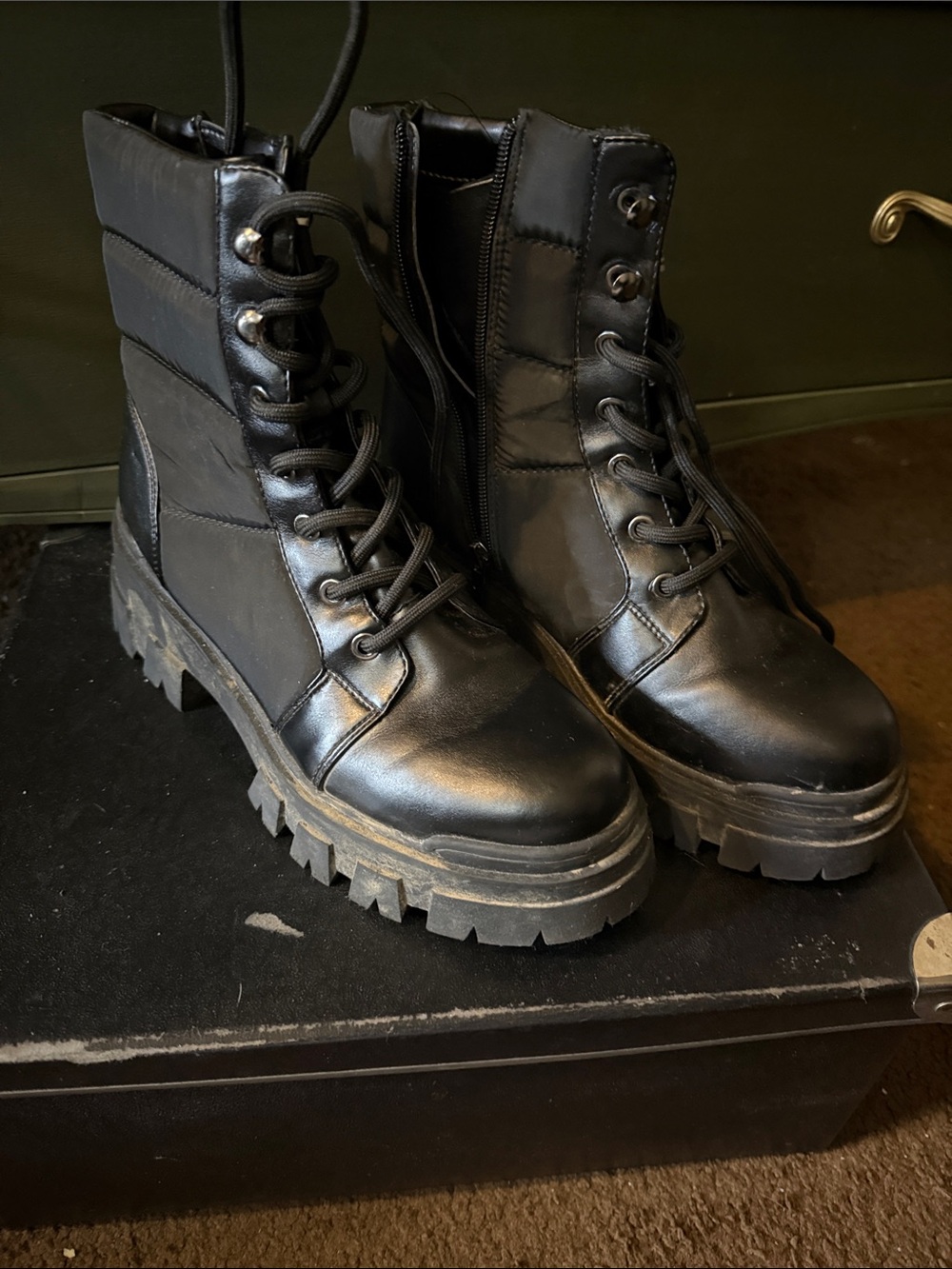 Marc Fisher Black Chunky Lug Combat Boots with Side Zippers